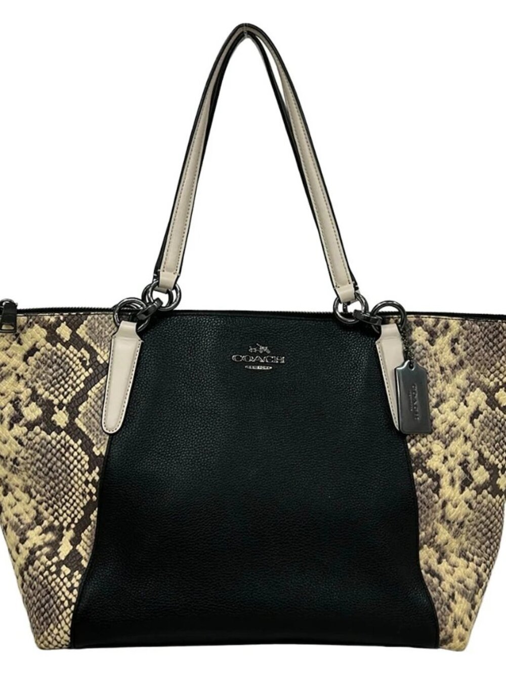 COACH Ava Embossed Snake Leather Trim Tote F57558 Black Cream Dark Brown